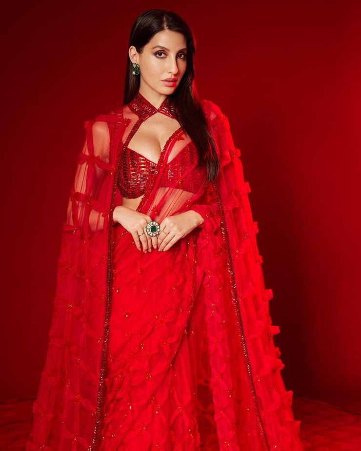 Nora Fatehi’s Red Cape Saree Look For Karwa Chauth 2024